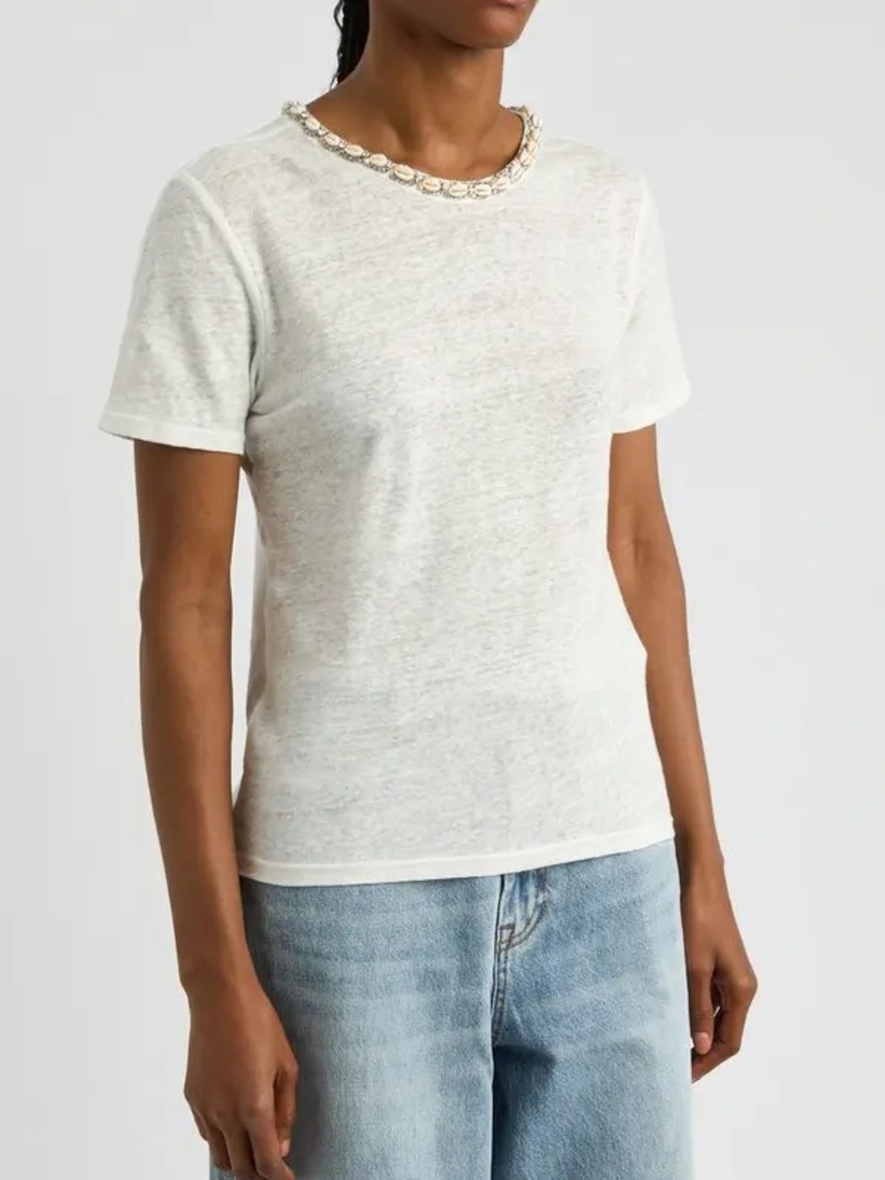 NWT Zimmermann Illuminate Shell Embellished Linen T-Shirt Ivory - Size 2